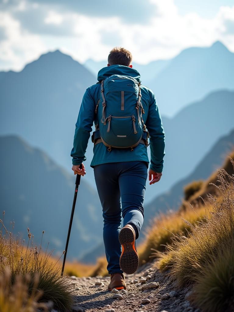 Escursionista in montagna con abbigliamento della Collezione Outdoor Azzurro Sport