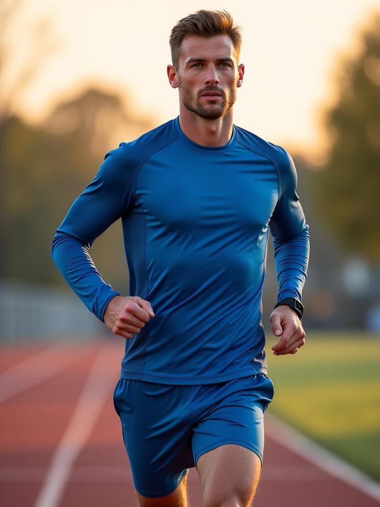 Uomo che corre con abbigliamento della Collezione Corsa Azzurro Sport